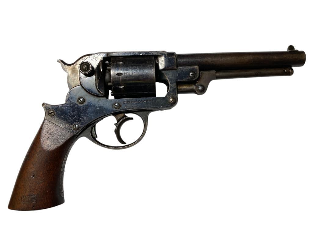 Starr Arms Model 1858 Antique Revolver: Starr Arms Model 1858 Antique Revolver serial # 17824, this revolver is Martially marked cartouched on both sides of the wooden grips