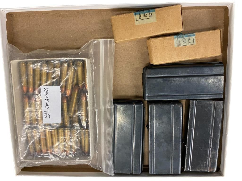4 M-1 Carbine 15 rd. Magazines, German WW2 9mm Luger Ammunition: 4 M-1 Carbine 15 rd. Magazines, 59 Rounds of 30 Carbine, 2 16 pack German WW2 9mm Luger Ammunition