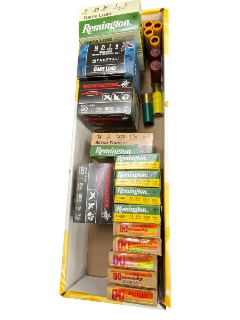 Mixed Group of Shotgun Shells 12 16 20 Gauge: Mixed Group of Shotgun Shells 12 16 20 Gauge by Federal, Winchester, Hornady etc. Approx. 33 Winchester 20 gauge. 25 Hornady 20 gauge. 20 Remington Slugger 12 gauge. 10 Remington 12 gauge Nitro Turkey