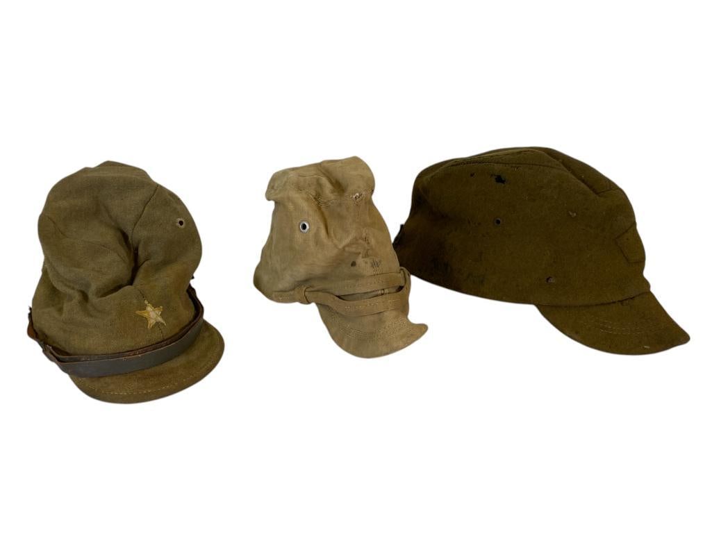 3 WWII Japanese Caps: 3 WWII Japanese Caps, including Naval Cap. Bring back war souvenir from Sgt. John J Gorney 3rd Battalion 152nd Infantry