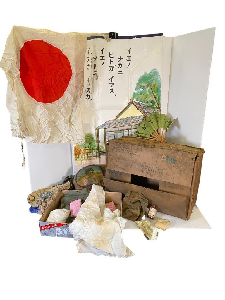 John J Gorney Bring Back Items incl Japanese Flag and more: John J Gorney Bring Back Items incl Japanese Flag, Japanese Silk Handkerchief, Military Issued Hydrochloride Tablets, John Gorney Southwest Pacific Coconut with New Guinea 1944 Painting of Island Girl