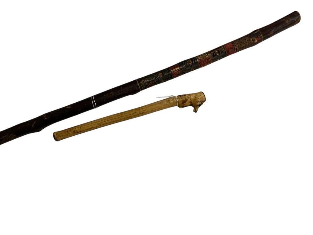 2 Carved Walking Sticks incl totem pole: Carved Totem Pole walking stick (Approx 36") and Carved dog head stick (Approx. 13.5)
