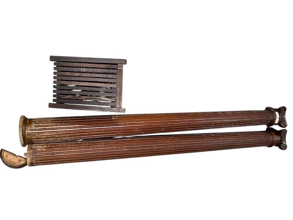 Pair of Interior Fluted Oak Columns and Mission Oak Wastebasket: Pair of Interior Fluted Oak Columns and Mission Oak Wastebasket. Columns approx. 6" x 6' 7". Basket approx. 13 x 13 x 17 inches.