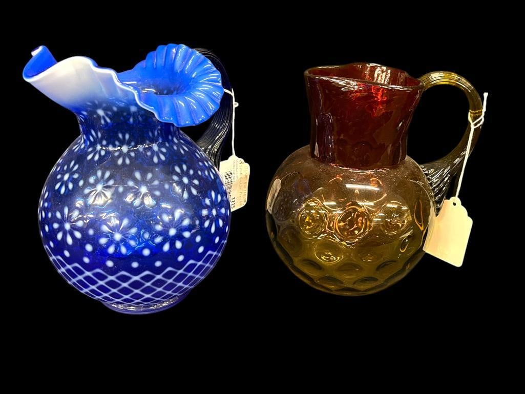 Blue Ruffled Starburst and Amber to Cranberry Coinspot Pitchers (1 of 3)