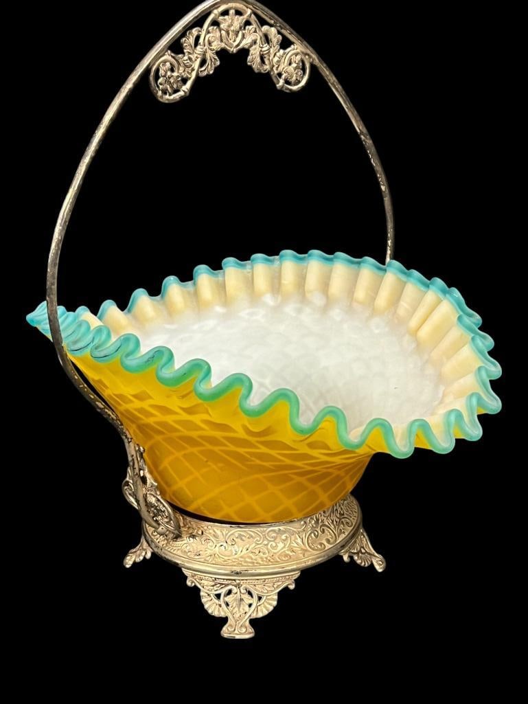 Antique Amber to Blue Quilted Satin Glass Brides Basket (1 of 3)