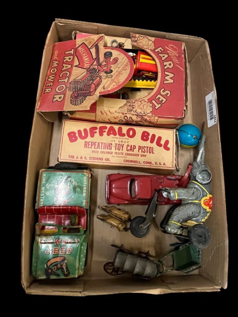 Group of Toys, Cowboy Jeep, Farm Set, Buffalo Bill Cap Pistol: Group of Toys, Cowboy Jeep, Farm Set, Buffalo Bill Cap Pistol etc.