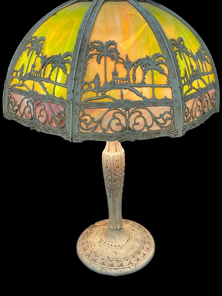 8 Panel Slag glass lamp with Metal Palm Tree Overlay (1 of 8)
