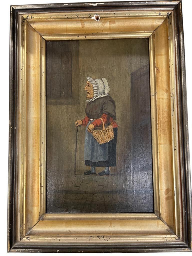 Folk Art Oil on Wood signed C.W. Old Woman with Basket (1 of 4)
