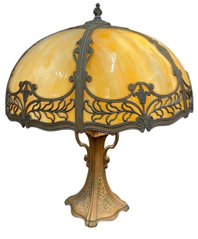 6 Panel Slag Glass Lamp with Metal Overlay (1 of 4)