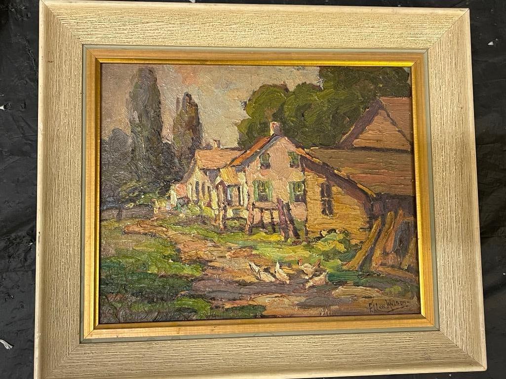 Ellen Axson Wilson Oil on Board Farmyard with Chickens: Ellen Axson Wilson Oil on Board Farmyard with Chickens. Artwork approx. 8.5 x 10.5 inches. Frame 12 x 14 inches.