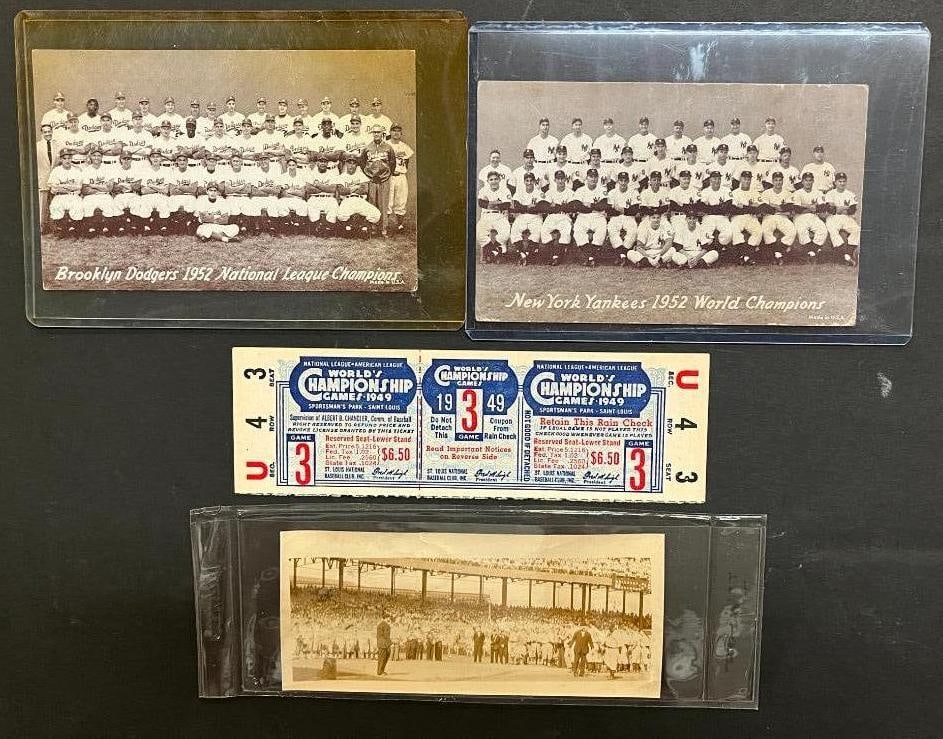 1949 Phantom World Championship Game Ticket: 1949 Phantom World Championship Game Ticket St. Louis Cardinals, Sportsmans Park. 1920's Ebbets Field Photo, Yankee Champions Team Photo Cards etc.