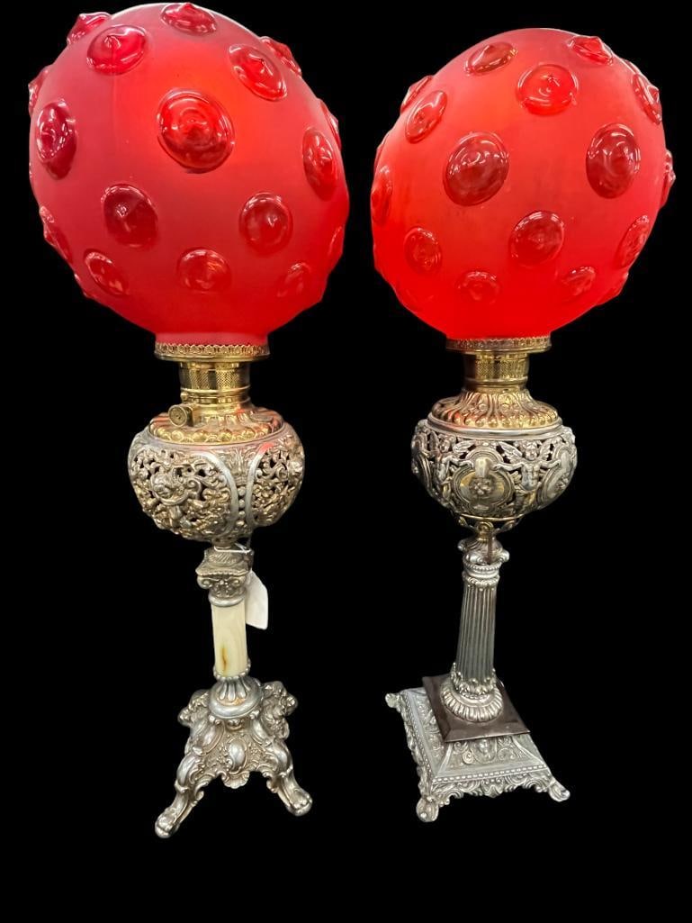 2 Banquet Table Lamps with Red Bulls Eye Shades (1 of 9)