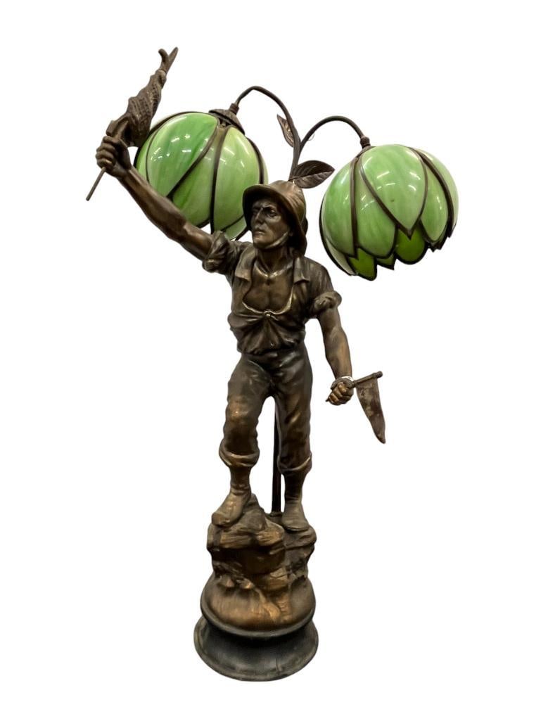White Metal Figural Lamp with Green Slag Glass Shades (1 of 4)