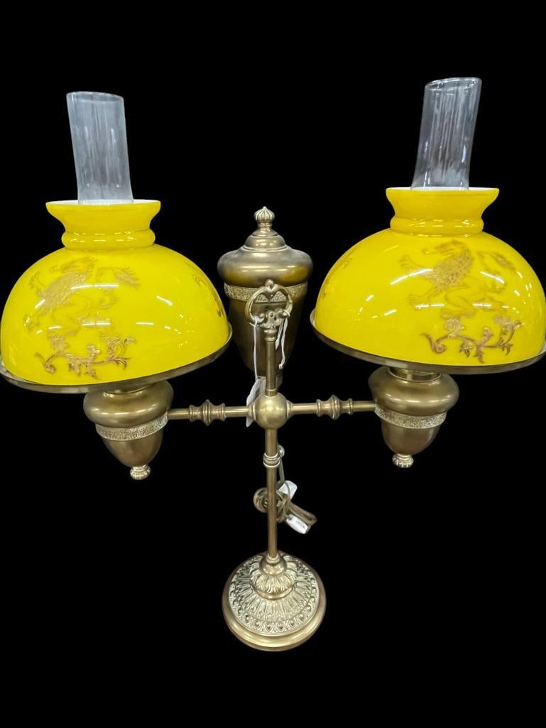 Brass Electrified Oil Lamp with Gold Lions on Shade (1 of 5)