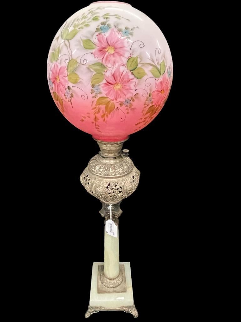Onyx Banquet Lamp with Hand Painted Ball Shade (1 of 6)