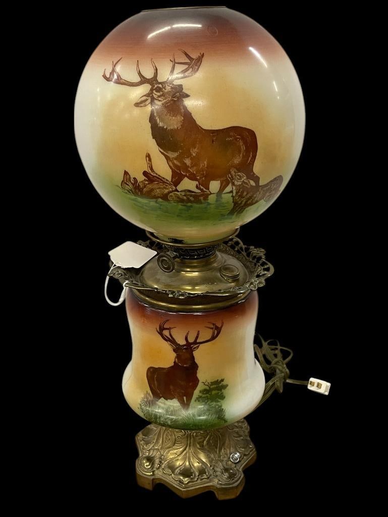Electrified Oil Lamp with Stag Decoration (1 of 5)