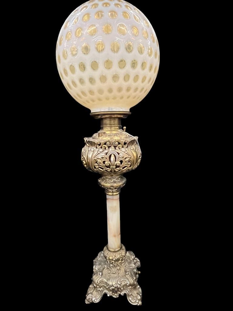 Brass and Onyx Banquet Lamp with Large Hobnail Shade (1 of 4)