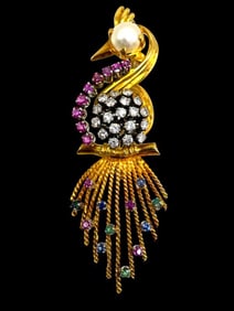 18k Gold Peacock Pin with Diamonds, Rubies and Emeralds
