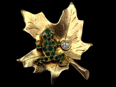 14k Gold Pin with Emeralds and Diamonds in Leaf Design