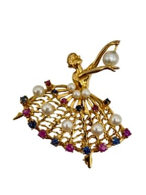 14k Gold Dancing Girl Pin with Gemstones and Pearls