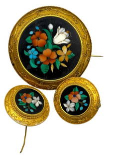 Fabulous 22k Gold Victorian Pietra Dura Jewelry Set: Fabulous 22k Gold Victorian Pietra Dura 3 Piece Jewelry Set.