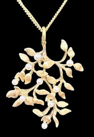 14k Gold Necklace and 18k Leaf pendant with Seed Pearls