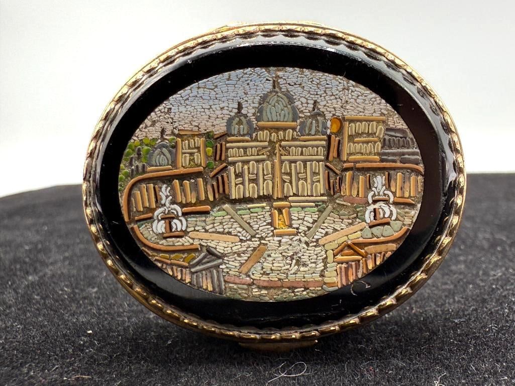14k Gold Micro Mosaic Pill Box: 14k Gold Micro Mosaic Pill Box depicting St. Peter's Square in Vatican City. Approx. 37.6 grams. Approx. 2 x 1.5 x .5 inches.