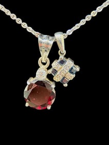 14k Gold Necklace with Sapphire and Garnet Pendants