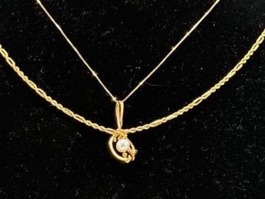 2 - 14k Gold Necklaces one with Pearl Pendant