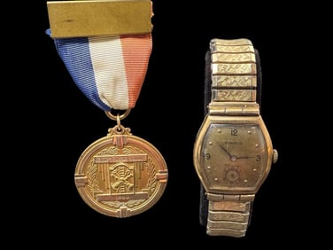 1940's Benrus Shock Absorber Watch and 1963 Fire Prevention Medal