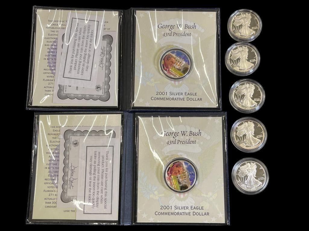 Group of Proof U.S. Silver Eagles: Group of Proof U.S. Silver Eagles and George W. Bush colorized Eagles. 7 Pieces total.