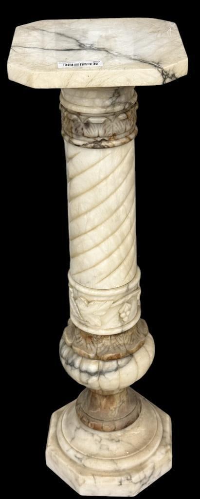 Carved Marble Pedestal with Spiral: Carved Marble Pedestal with Spiral. Approx. 35 x 11 x 11 inches.