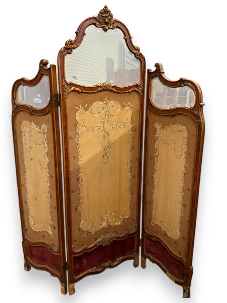 Beautiful French Beveled Glass and Silk Screen: Beautiful French Beveled Glass and Silk Screen / Divider. Approx. 78 x 60 inches.