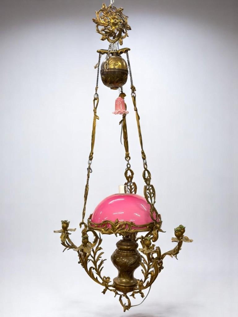 Brass Chandelier with Pink Shade and Bell (1 of 6)