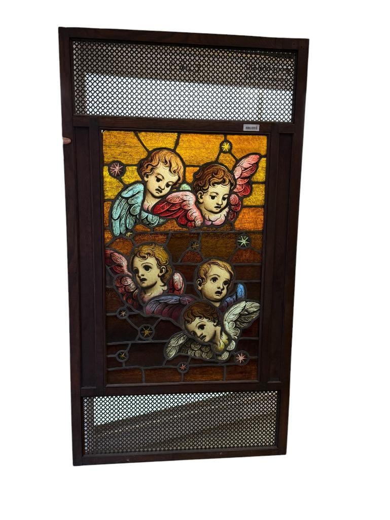 Leaded Glass Divider Panel with Cherubs: Leaded Glass Divider Panel with Cherubs. Approx. 73 x 39 inches. Local Pickup or 3rd Party Shipping only.