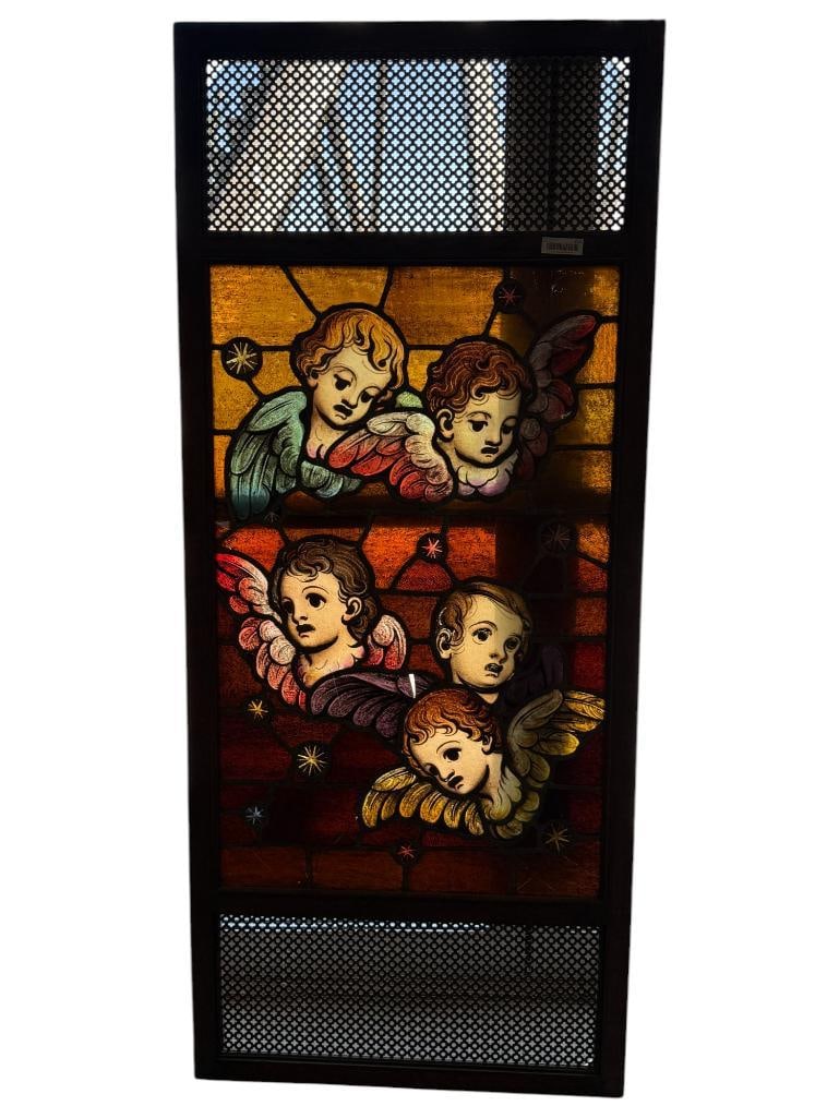 Leaded Glass Divider Panel with Cherubs: Leaded Glass Divider Panel with Cherubs. Approx. 73 x 31 inches. Local Pickup or 3rd Party Shipping only.