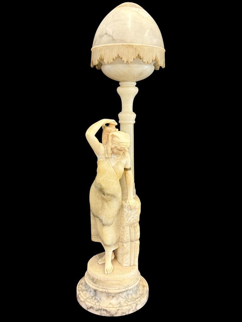 Art Nouveau Carved Alabaster and Marble Figural Lamp: Art Nouveau Carved Alabaster and Marble Figural Lamp. Approx. 35 x 12 x 12 inches.