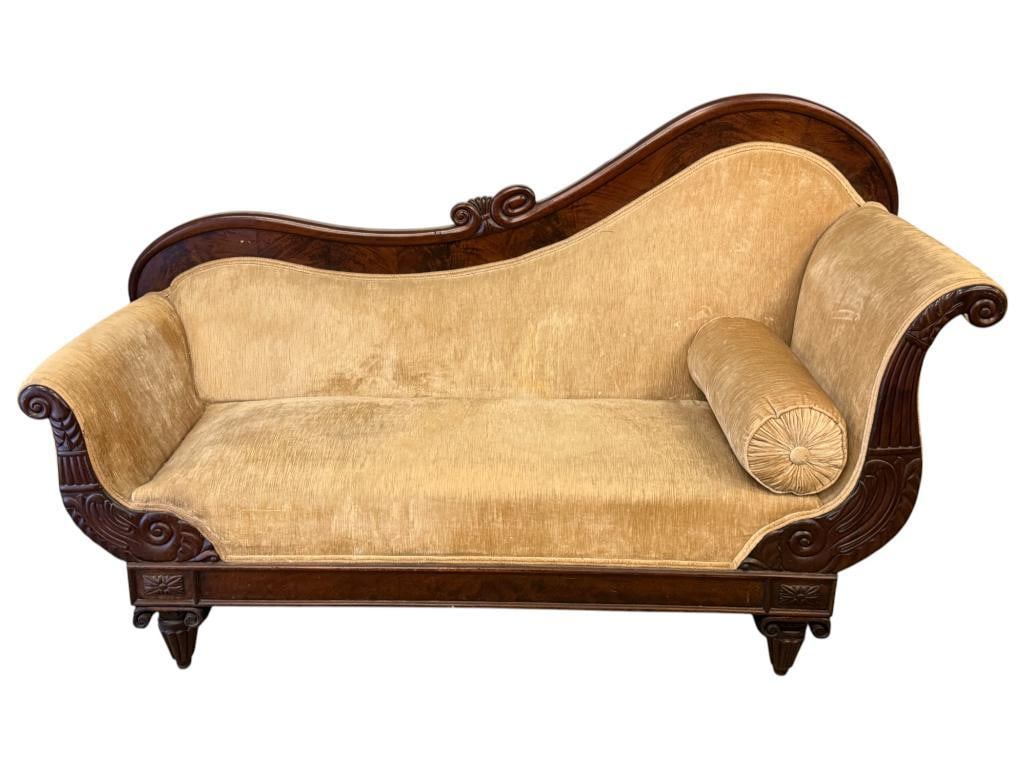 Nicely Carved Mahogany Chaise Lounge: Nicely Carved Mahogany Chaise Lounge. Approx. 40 x 60 x 25 inches.