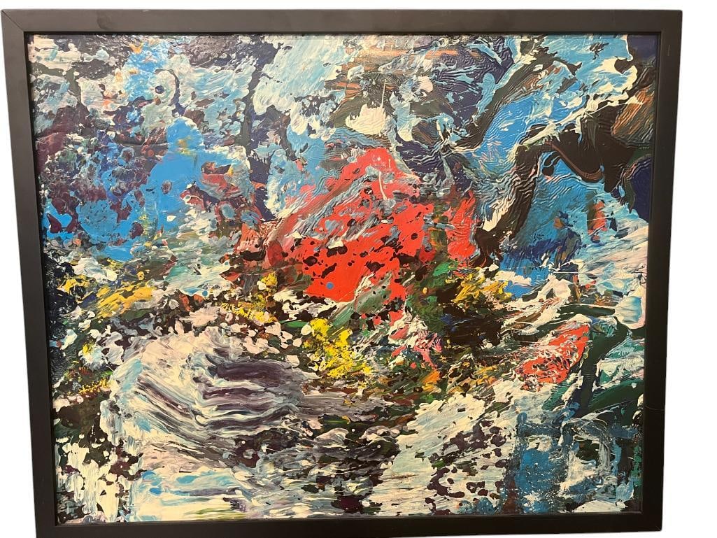 Charles Clough Abstract Oil on Board: Abstract Oil on Board. Marked Clough, String End on reverse. Approx. 19 x 22.25 inches. Frame approx. 20.5 x 25 inches.