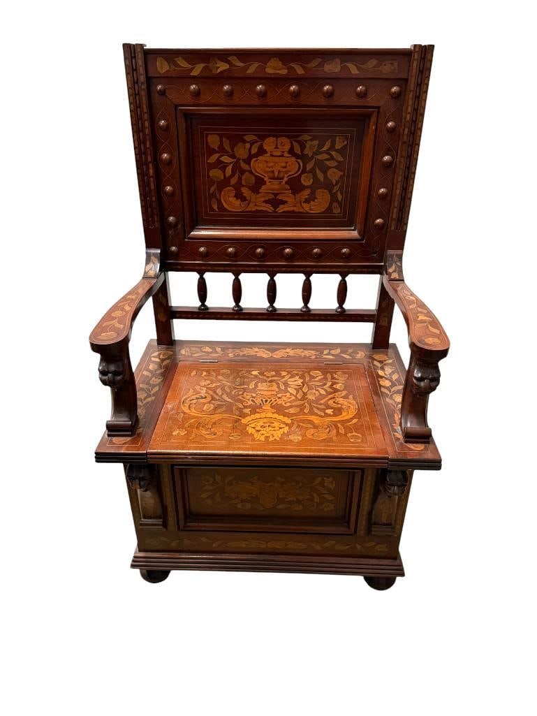 Wonderfully Inlaid Hall Bench: Wonderfully Inlaid Hall Bench with Floral Designs and Carved Lion Heads. Approx. 45 x 24 x 18 inches.