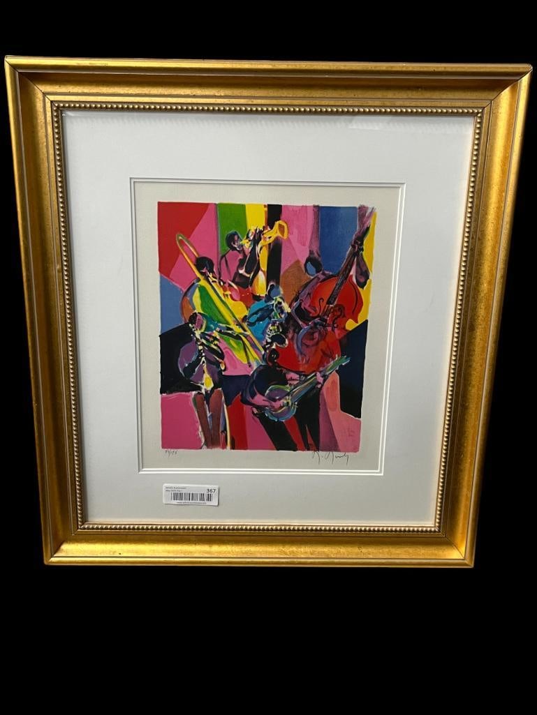 Marcel Mouly signed and numbered Jazz Sextet: Marcel Mouly signed and numbered Jazz Sextet. Number 84 / 175. Approx. 11 x 13 inches. Frame approx. 21 x 24 inches.
