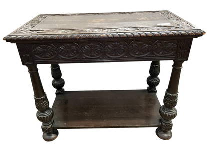 Nicely Carved Antique Oak Side Table: Nicely Carved Antique Oak Side Table. Approx. 29 x 36 x 20 inches.