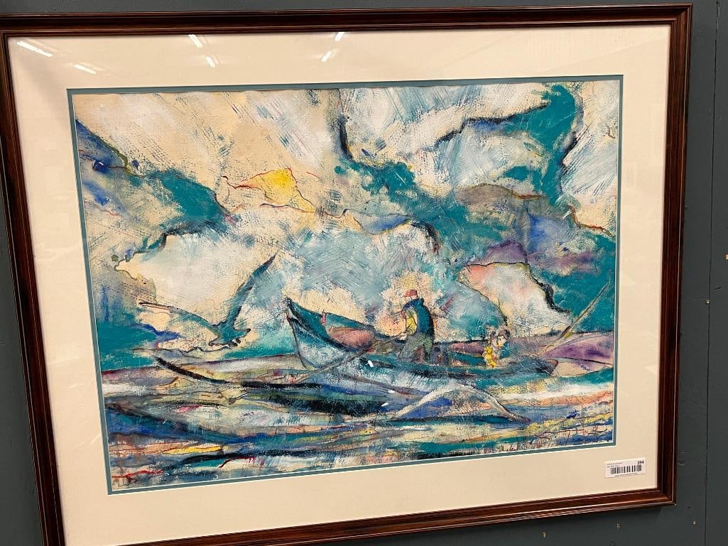 Colorful Pastel of a Fishing Scene: Colorful Pastel of a Fishing Scene. Unsigned. Approx. 21 x 29 inches. Frame approx. 30 x 37 inches.