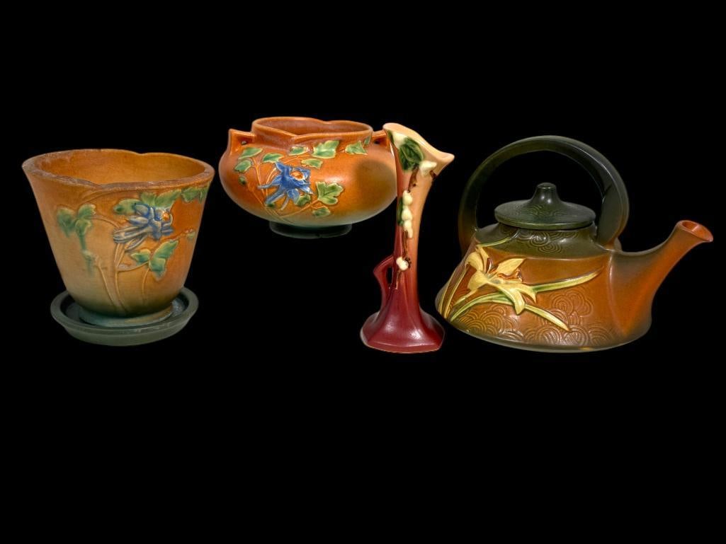 Roseville Zephyr Lily Teapot, Columbine Pots and more: Roseville Art Pottery Zephyr Lily Teapot, Columbine Pots and more. 4 pieces. Teapot approx. 7.5 x 9 x 7 inches.