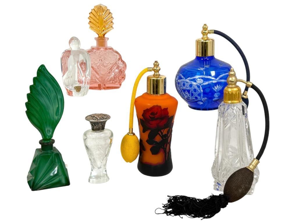 Group of Art Glass Perfume Bottles, Atomizers etc: Group of Art Glass Perfume Bottles, Atomizers etc. Including Orefore bottle, Cobalt Cut to Clear Atomizer, Tiffany & Co. Bottle, Cameo Glass Atomizer and more. 7 pieces.