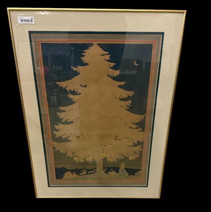Unique Christmas Tree Print with Santa Claus: Unique Christmas Tree Print with Santa Claus. Approx. 22 x 31 inches. Frame approx. 28.5 inches x 38 inches.