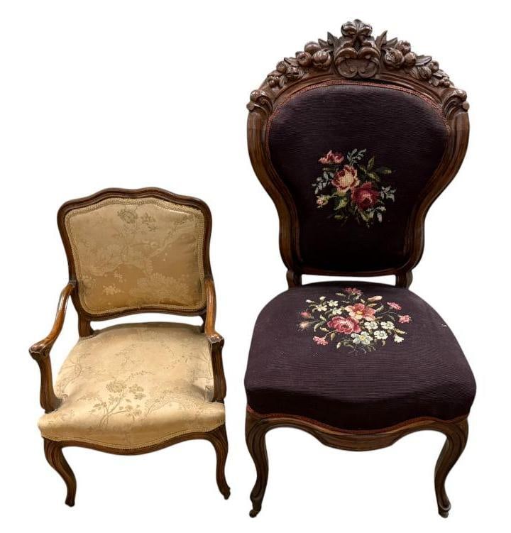 Nicely Carved Walnut with Needlepoint and Child Chair: Nicely Carved Walnut with Needlepoint and Child Chair. 2 pieces. Larger approx. 40 x 19 x 16 inches. Childs approx. 26 x 17 x 15 inches.