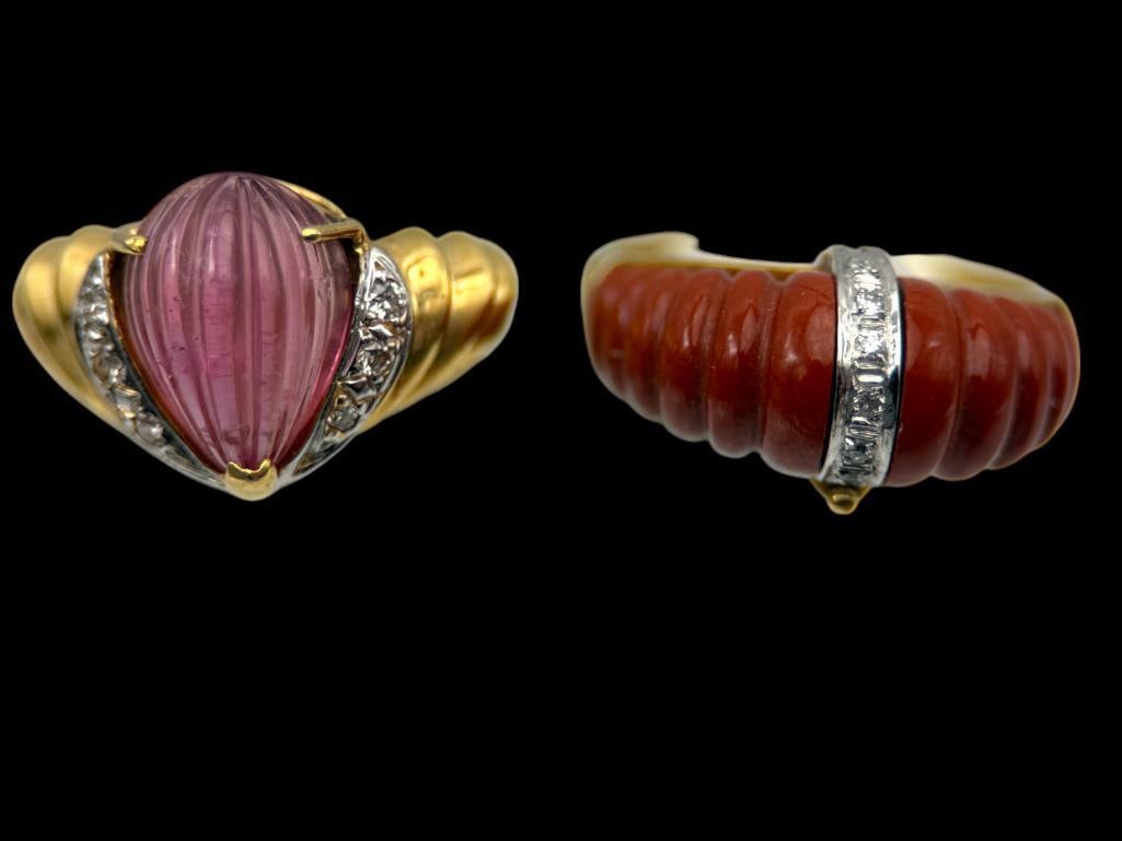 14k Gold Carnelian and 14k Pink Tourmaline Rings: 14k Gold Carved Carnelian with Diamonds and 14k Carved Pink Tourmaline with Diamonds Rings. Carnelian approx. size 8. Pink Tourmaline approx. 6.5. Approx. 12.4 grams total.