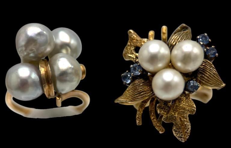 2 14k Gold and Pearl Rings: 14k Gold and Pearl ring. Approx. size 6. 14k Gold Pearl and Sapphire Floral Ring Approx. size 7. Approx. 16 grams.