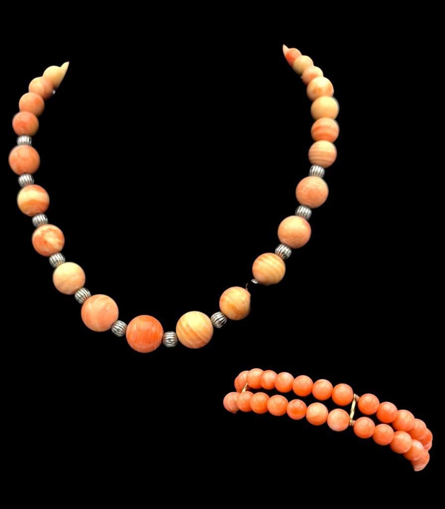 14k Gold Bracelet with Pink Coral Beads and Egyptian Coral Necklace: 14k Gold Bracelet with Pink Coral Beads and Egyptian Coral Necklace. Bracelet approx. 6.5 inches. Necklace approx. 15 inches.